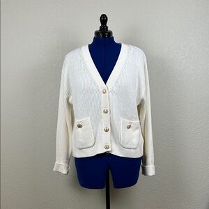 H&M Ivory Ribbed Knit Gold Button Cardigan